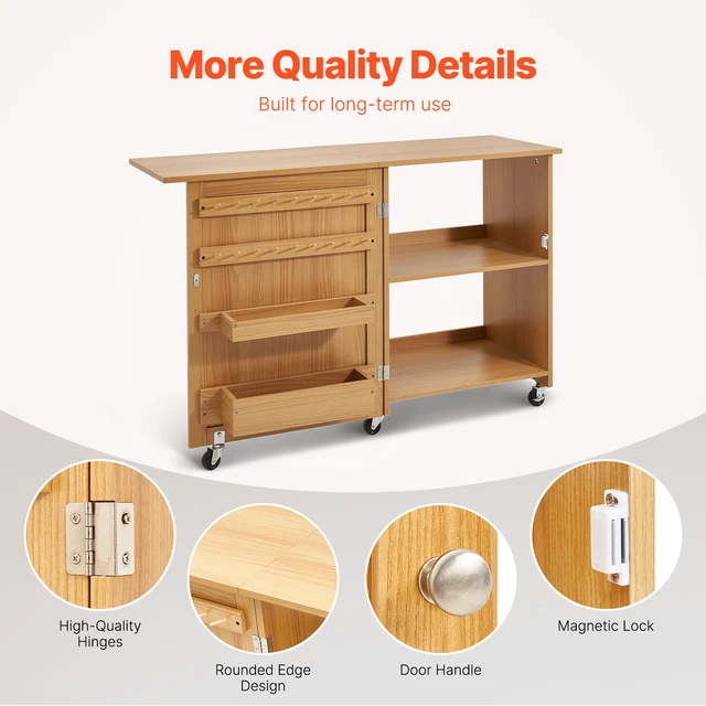 Alt view image 6 of 7 - Folding Sewing Table, Multipurpose Sewing Machine Table with Compact Design, Wheels, Shelves, Storage Trays, Wooden Pegs, and Magnetic Doors, Sewing Desk Cabinet for Sewing Machine, Wood Color
