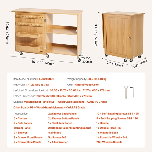Alt view image 7 of 7 - Folding Sewing Table, Multipurpose Sewing Machine Table with Compact Design, Wheels, Shelves, Storage Trays, Wooden Pegs, and Magnetic Doors, Sewing Desk Cabinet for Sewing Machine, Wood Color