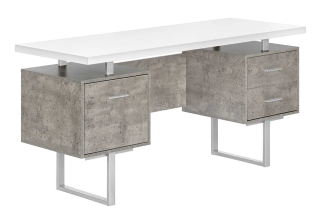 Main image of Computer Desk, Home Office, Laptop, Left, Right Set-up, Storage Drawers, 60"l, Work, White And Grey Concrete Laminate, Grey Metal, Contemporary, Modern