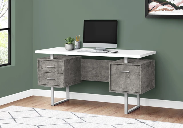 Alt view image 4 of 7 - Computer Desk, Home Office, Laptop, Left, Right Set-up, Storage Drawers, 60"l, Work, White And Grey Concrete Laminate, Grey Metal, Contemporary, Modern
