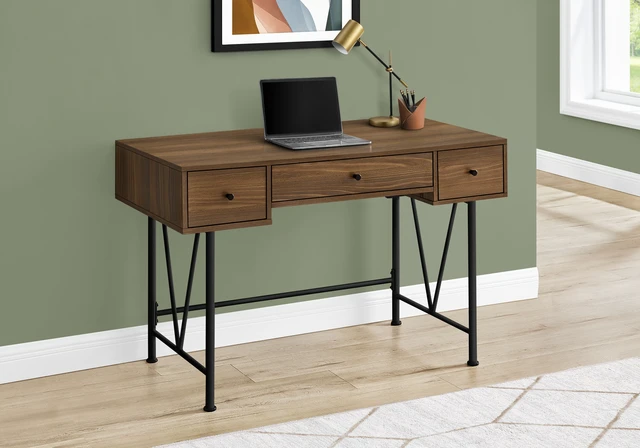 Alt view image 4 of 5 - Computer Desk, Home Office, Laptop, Storage Drawers, 48"l, Work, Walnut Laminate, Black Metal, Transitional