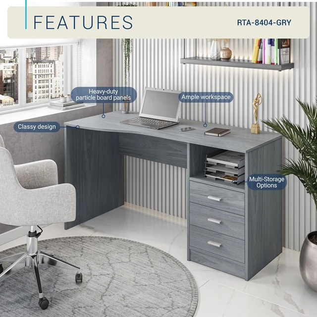 Alt view image 3 of 7 - Classic Computer Desk with Multiple Drawers, Grey