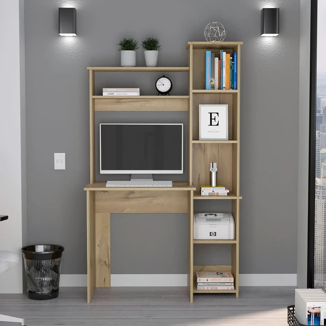 Alt view image 3 of 7 - Light Oak 6-Shelf Writing Desk with Built-in Bookcase