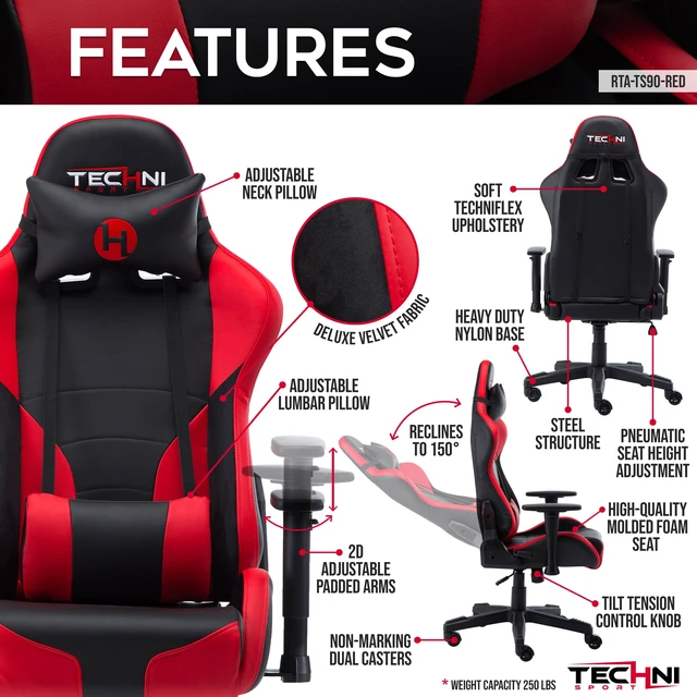 Alt view image 3 of 7 - Techni Sport TS-90 Office-PC Gaming Chair, Red