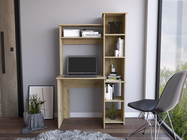 Alt view image 4 of 7 - Light Oak 6-Shelf Writing Desk with Built-in Bookcase