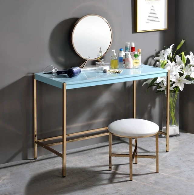 Alt view image 2 of 7 - Midriaks Baby Blue & Gold Finish Writing Desk W/USB
