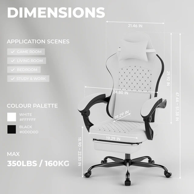 Alt view image 4 of 7 - Gaming Chair with Massage,Ergonomic PC Gaming Chair Computer Chairs with Footrest Comfortable Headrest and Lumbar Support, High Back WHITEBLACK