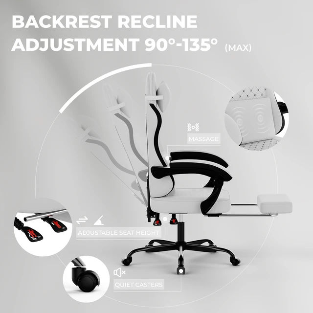Alt view image 7 of 7 - Gaming Chair with Massage,Ergonomic PC Gaming Chair Computer Chairs with Footrest Comfortable Headrest and Lumbar Support, High Back WHITEBLACK