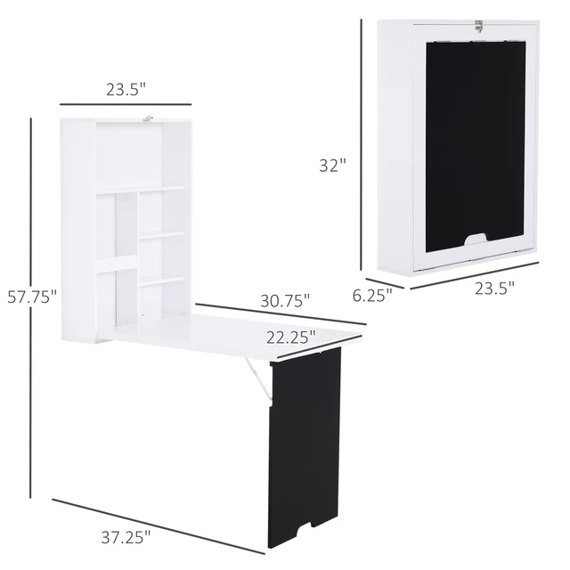Alt view image 6 of 7 - HOMCOM Wall Mounted Foldable Desk with a Blackboard, Fold Out Convertible Floating Desk with Shelves, White