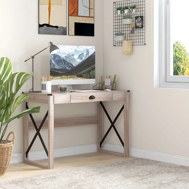 Alt view image 2 of 5 - HOMCOM 44 inch Home Office Computer Desk, Rustic Writing Desk, Farmhouse Workstation with Storage Drawer, X-Frame