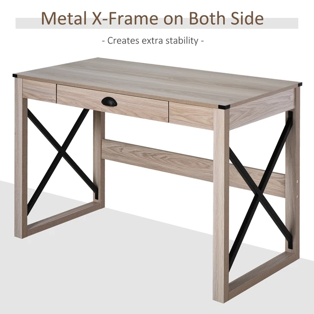 Alt view image 4 of 5 - HOMCOM 44 inch Home Office Computer Desk, Rustic Writing Desk, Farmhouse Workstation with Storage Drawer, X-Frame
