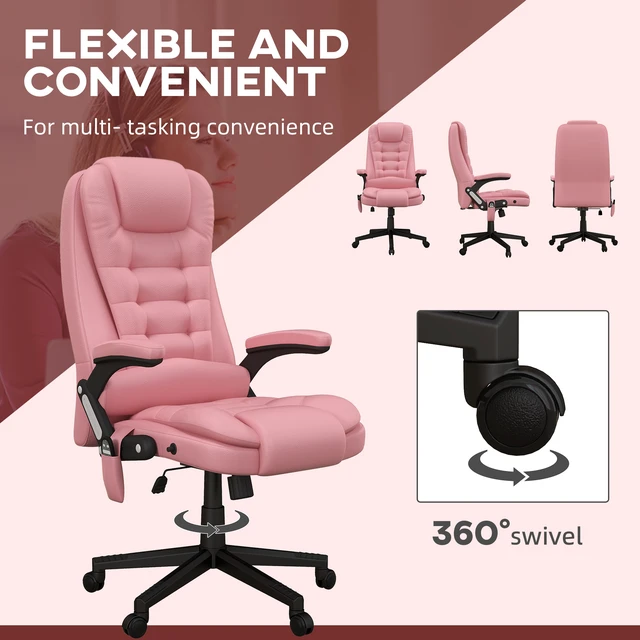 Alt view image 5 of 7 - HOMCOM High Back Vibration Massage Office Chair with 6 Vibration Points, Heated Reclining PU Leather Computer Chair with Armrest and Remote, Pink