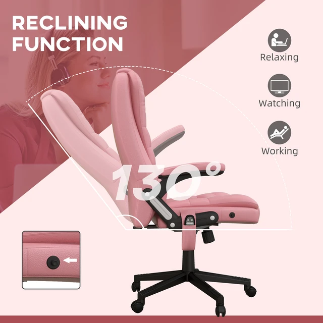 Alt view image 7 of 7 - HOMCOM High Back Vibration Massage Office Chair with 6 Vibration Points, Heated Reclining PU Leather Computer Chair with Armrest and Remote, Pink