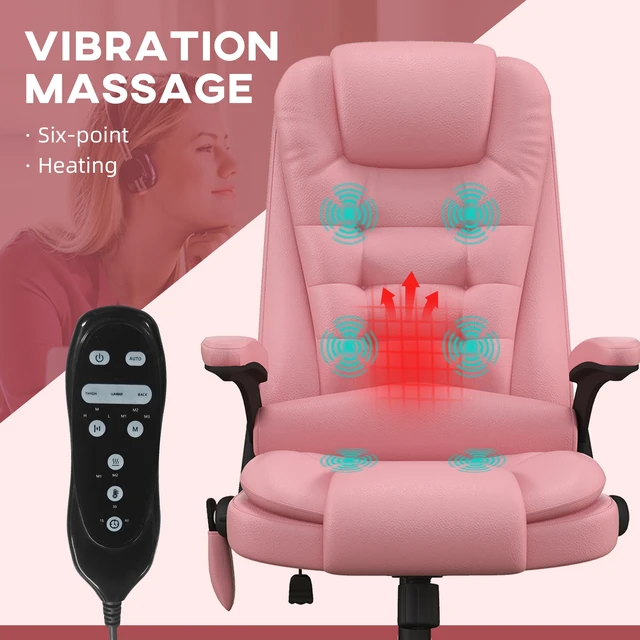 Alt view image 6 of 7 - HOMCOM High Back Vibration Massage Office Chair with 6 Vibration Points, Heated Reclining PU Leather Computer Chair with Armrest and Remote, Pink