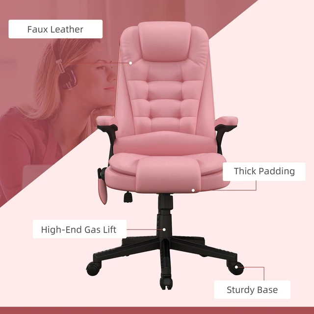 Alt view image 4 of 7 - HOMCOM High Back Vibration Massage Office Chair with 6 Vibration Points, Heated Reclining PU Leather Computer Chair with Armrest and Remote, Pink