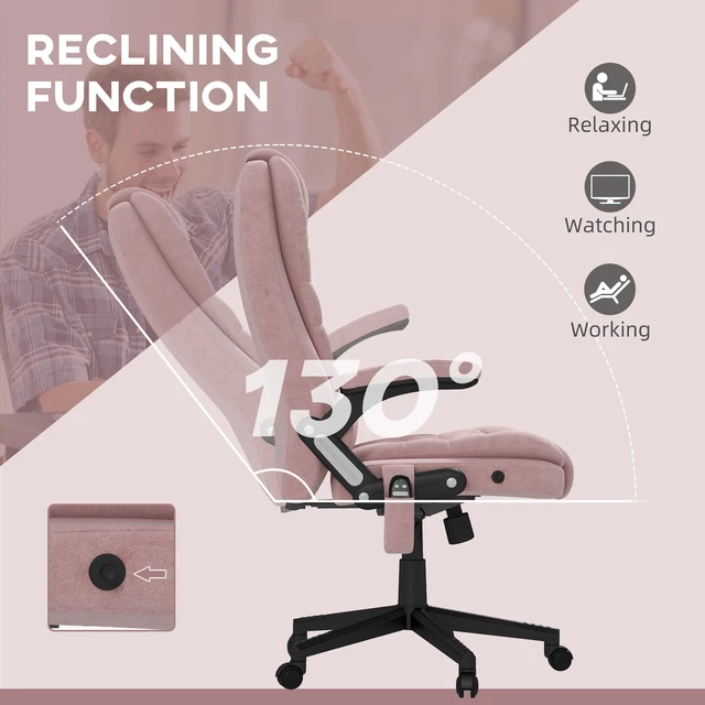 Alt view image 4 of 7 - HOMCOM 6 Point Vibrating Massage Office Chair with Heat, Velvet High Back Executive Office Chair with Reclining Backrest, Padded Armrests and Remote, Pink
