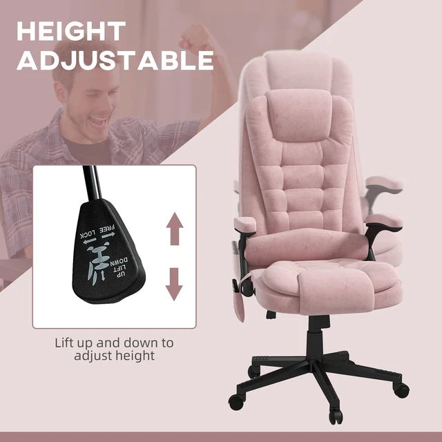 Alt view image 6 of 7 - HOMCOM 6 Point Vibrating Massage Office Chair with Heat, Velvet High Back Executive Office Chair with Reclining Backrest, Padded Armrests and Remote, Pink