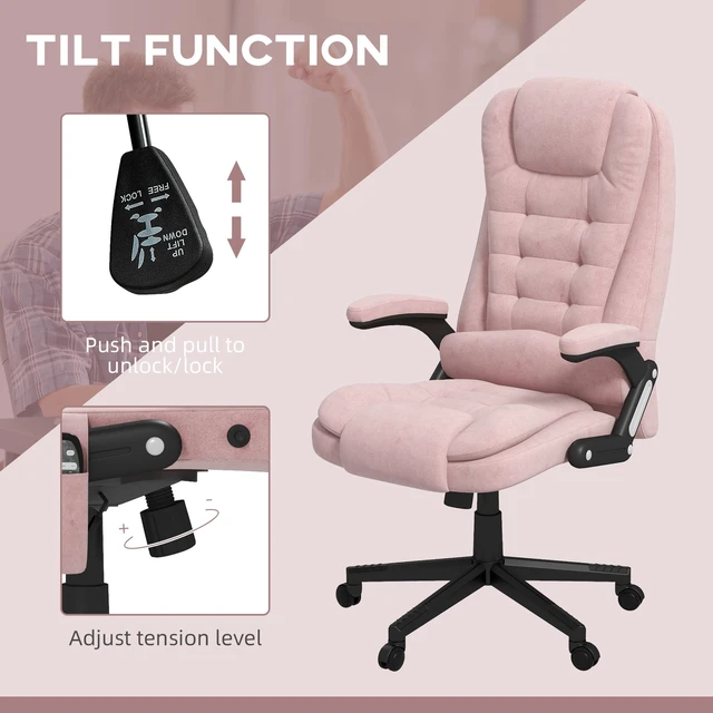 Alt view image 5 of 7 - HOMCOM 6 Point Vibrating Massage Office Chair with Heat, Velvet High Back Executive Office Chair with Reclining Backrest, Padded Armrests and Remote, Pink