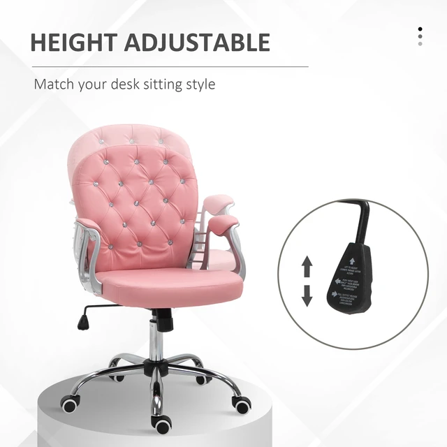 Alt view image 4 of 5 - PU Leather Home Office Chair, Button Tufted Desk Chair with Padded Armrests, Adjustable Height and Swivel Wheels, Pink