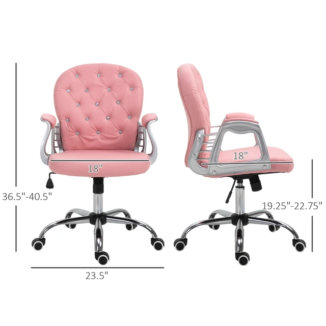 Alt view image 3 of 5 - PU Leather Home Office Chair, Button Tufted Desk Chair with Padded Armrests, Adjustable Height and Swivel Wheels, Pink