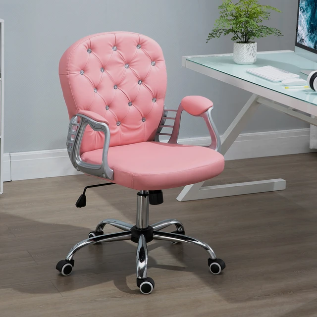 Alt view image 2 of 5 - PU Leather Home Office Chair, Button Tufted Desk Chair with Padded Armrests, Adjustable Height and Swivel Wheels, Pink