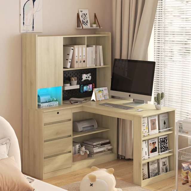 Main image of L Shaped Desk with Charger,Computer Desk with Drawers,Bookshelf,with LED Light,Modern Corner Desk,Home Office Desk,L-Shaped Study Table Writing Desk,Corner Gaming Computer Desk with Storage