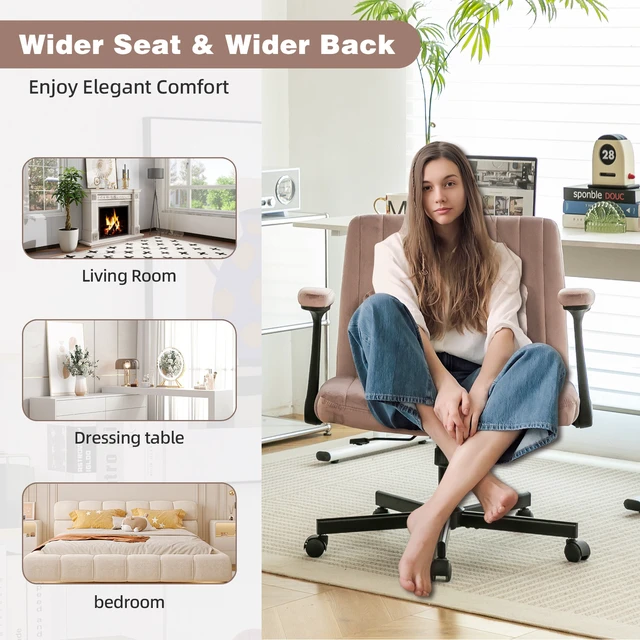 Alt view image 3 of 7 - Pink Velvet Criss Cross Armrest Office Chair with Wheels - Comfortable for Home Office, Reading & Vanity