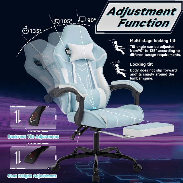 Alt view image 3 of 7 - Gaming chair, Computer Chair Ergonomic Chair with Footrest Office Chair Ergonomic Computer Chair with Lumbar Backrest Bluewhite