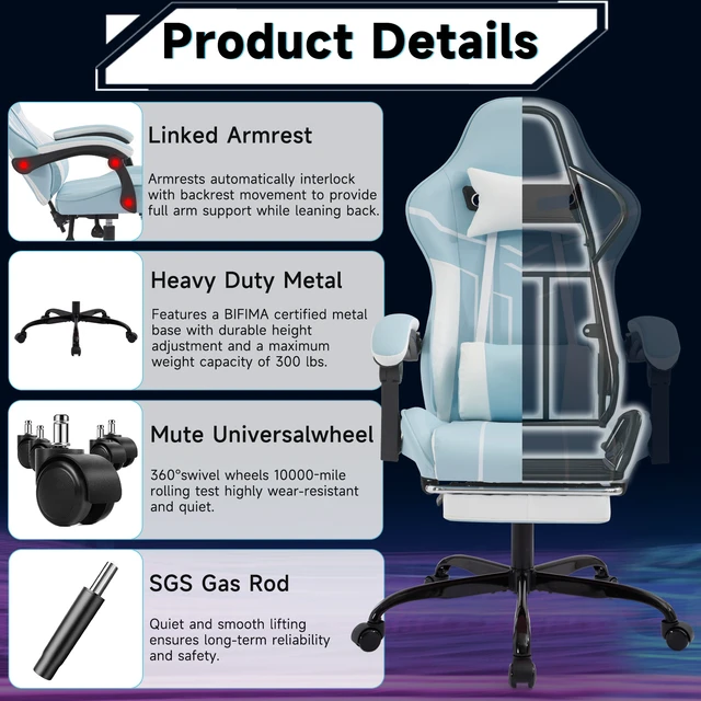 Alt view image 4 of 7 - Gaming chair, Computer Chair Ergonomic Chair with Footrest Office Chair Ergonomic Computer Chair with Lumbar Backrest Bluewhite