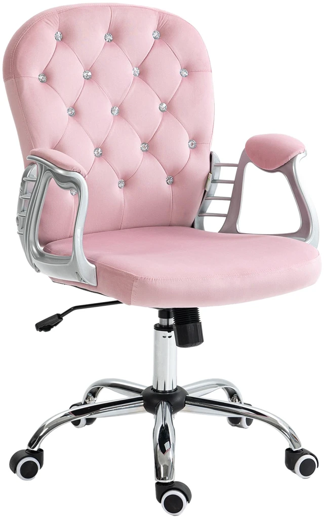 Main image of Vinsetto Velvet Home Office Chair, Button Tufted Desk Chair with Padded Armrests, Adjustable Height and Swivel Wheels, Pink