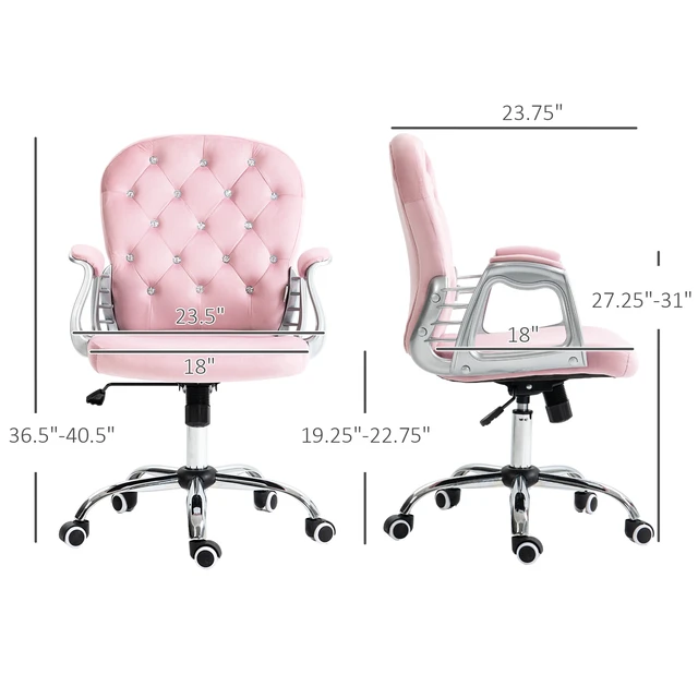 Alt view image 3 of 7 - Vinsetto Velvet Home Office Chair, Button Tufted Desk Chair with Padded Armrests, Adjustable Height and Swivel Wheels, Pink