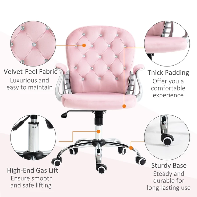 Alt view image 5 of 7 - Vinsetto Velvet Home Office Chair, Button Tufted Desk Chair with Padded Armrests, Adjustable Height and Swivel Wheels, Pink