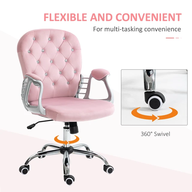 Alt view image 6 of 7 - Vinsetto Velvet Home Office Chair, Button Tufted Desk Chair with Padded Armrests, Adjustable Height and Swivel Wheels, Pink