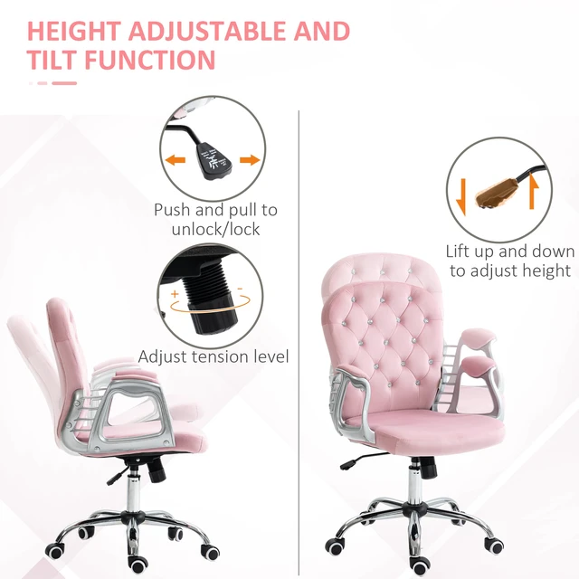 Alt view image 4 of 7 - Vinsetto Velvet Home Office Chair, Button Tufted Desk Chair with Padded Armrests, Adjustable Height and Swivel Wheels, Pink
