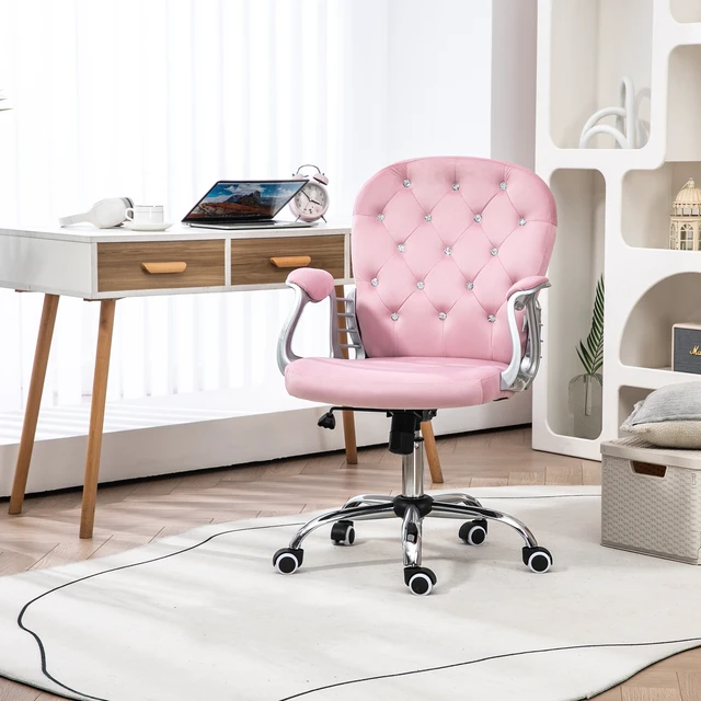 Alt view image 2 of 7 - Vinsetto Velvet Home Office Chair, Button Tufted Desk Chair with Padded Armrests, Adjustable Height and Swivel Wheels, Pink