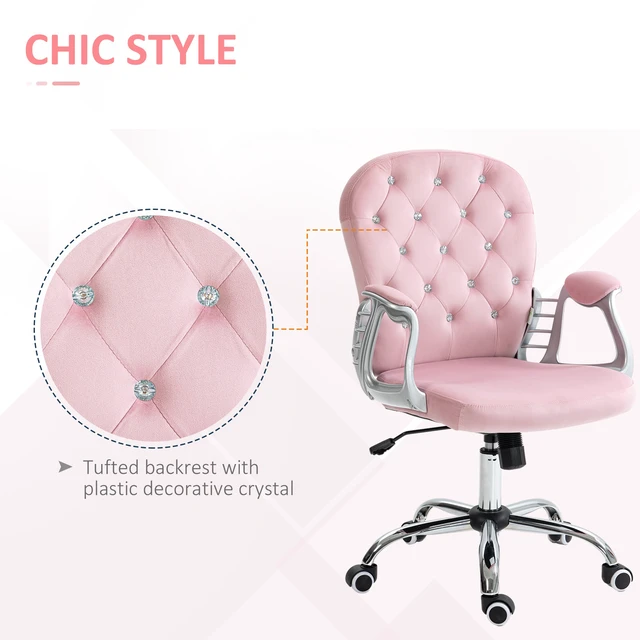 Alt view image 7 of 7 - Vinsetto Velvet Home Office Chair, Button Tufted Desk Chair with Padded Armrests, Adjustable Height and Swivel Wheels, Pink