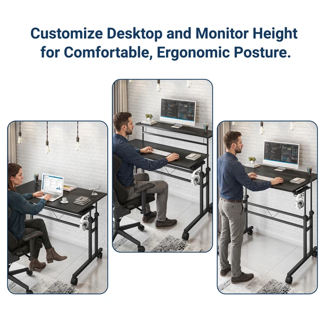 Alt view image 4 of 7 - Techni Mobili Rolling Writing Desk with Height Adjustable Desktop and Moveable Shelf, Black