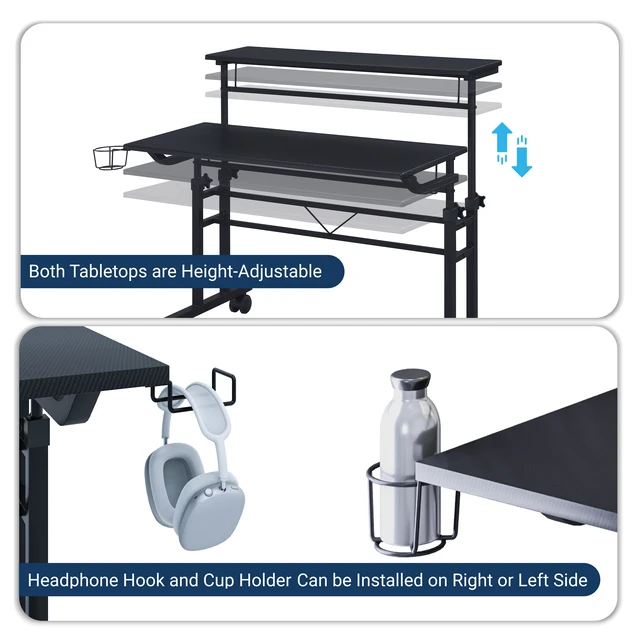 Alt view image 7 of 7 - Techni Mobili Rolling Writing Desk with Height Adjustable Desktop and Moveable Shelf, Black