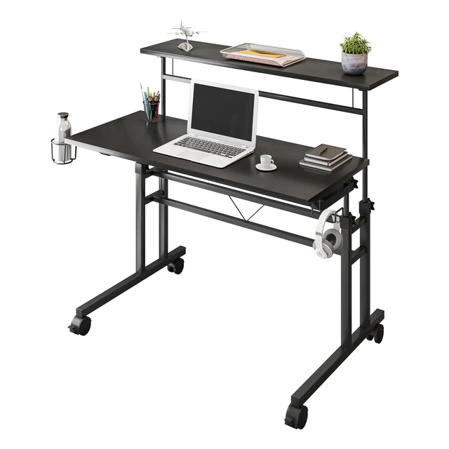Alt view image 2 of 7 - Techni Mobili Rolling Writing Desk with Height Adjustable Desktop and Moveable Shelf, Black
