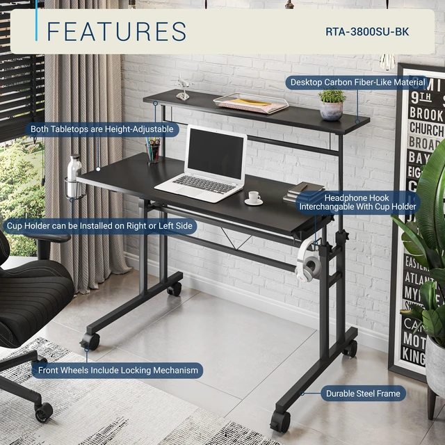 Alt view image 3 of 7 - Techni Mobili Rolling Writing Desk with Height Adjustable Desktop and Moveable Shelf, Black