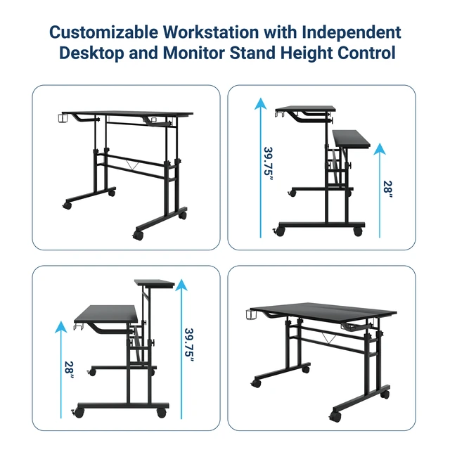 Alt view image 6 of 7 - Techni Mobili Rolling Writing Desk with Height Adjustable Desktop and Moveable Shelf, Black