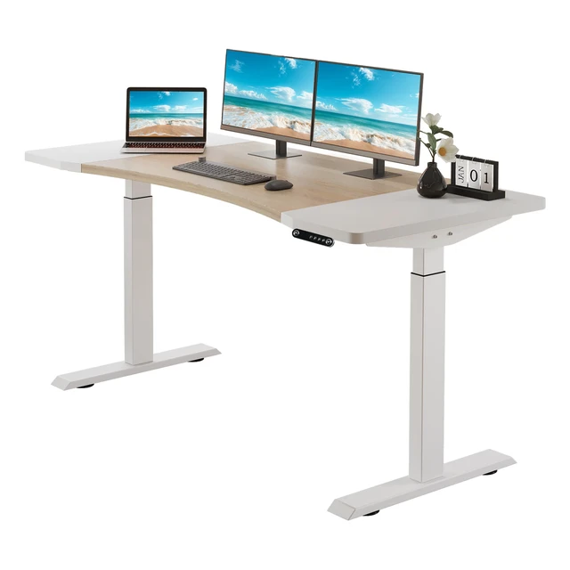 Alt view image 2 of 6 - 63"×30" Dual Motor Curve Design Height Adjustable Electric Standing Desk Height Stand Up Computer Desk,Sit and Stand Home Office Desk with Splice Board (white&oak desktop+dual motor white frame)