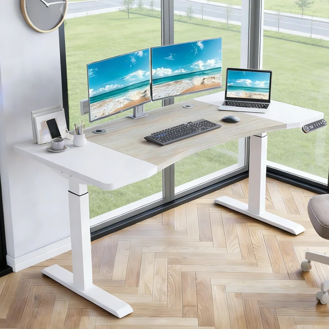 Main image of 63"×30" Dual Motor Curve Design Height Adjustable Electric Standing Desk Height Stand Up Computer Desk,Sit and Stand Home Office Desk with Splice Board (white&oak desktop+dual motor white frame)