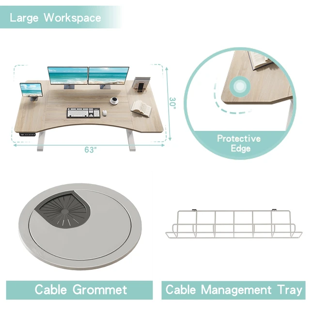 Alt view image 3 of 6 - 63"×30" Dual Motor Curve Design Height Adjustable Electric Standing Desk Height Stand Up Computer Desk,Sit and Stand Home Office Desk with Splice Board (white&oak desktop+dual motor white frame)
