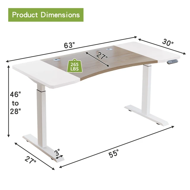 Alt view image 4 of 6 - 63"×30" Dual Motor Curve Design Height Adjustable Electric Standing Desk Height Stand Up Computer Desk,Sit and Stand Home Office Desk with Splice Board (white&oak desktop+dual motor white frame)
