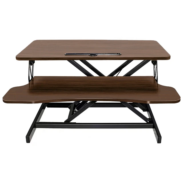 Alt view image 7 of 7 - 32 Inch Desk Converter, Height Adjustable Sit to Stand Riser, Dual Monitor and Laptop Workstation with Wide Keyboard Tray, Walnut Color