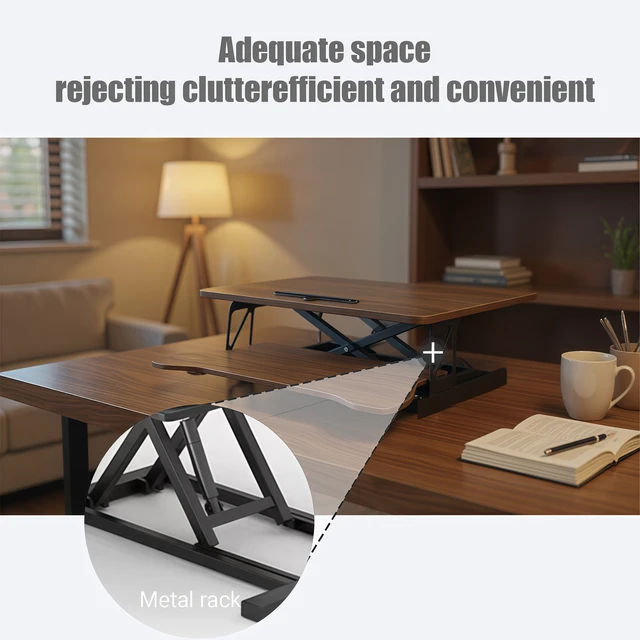 Alt view image 4 of 7 - 32 Inch Desk Converter, Height Adjustable Sit to Stand Riser, Dual Monitor and Laptop Workstation with Wide Keyboard Tray, Walnut Color
