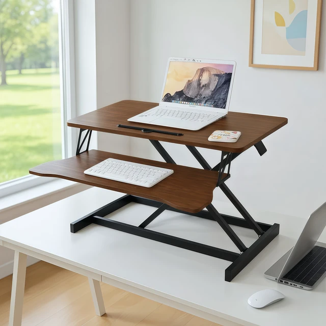 Alt view image 6 of 7 - 32 Inch Desk Converter, Height Adjustable Sit to Stand Riser, Dual Monitor and Laptop Workstation with Wide Keyboard Tray, Walnut Color