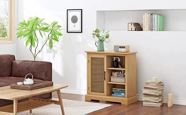Main image of Storage Cabinet with Decorated Rattan Door and 3 Open Shelves, Wooden Accent Cabinet, Sideboard Buffet Cabinet, Bar Cabinet for Dining Room, Living Room, Bedroom, Entryway in Brown
