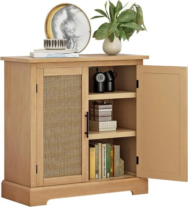 Alt view image 2 of 5 - Storage Cabinet with Decorated Rattan Door and 3 Open Shelves, Wooden Accent Cabinet, Sideboard Buffet Cabinet, Bar Cabinet for Dining Room, Living Room, Bedroom, Entryway in Brown